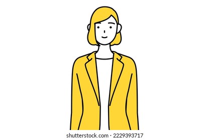 Simple line drawing illustration of a businesswoman in a suit with his hands folded in front of his body.
