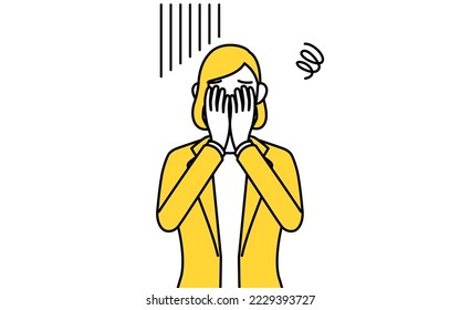 Simple line drawing illustration of a businesswoman in a suit covering his face in depression.