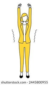 Simple line drawing illustration of a businesswoman in a suit stretching and standing tall.