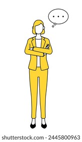 Simple line drawing illustration of a businesswoman in a suit,arms crossed,thinking.