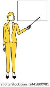 Ilustración de dibujo de línea simple de una mujer de negocios en un traje que apunta a una pizarra blanca con un palo indicador.