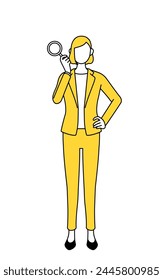 Simple line drawing illustration of a businesswoman in a suit looking through magnifying glasses