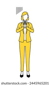 Simple line drawing illustration of a businesswoman in a suit apologizing with his hands in front of his body.