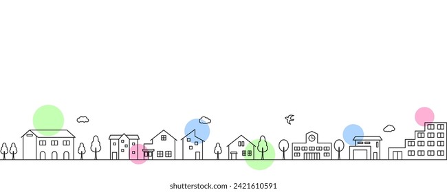 Simple line drawing illustration of a cute townscape. Vector illustration.