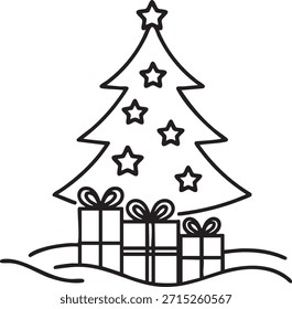Eine einfache Linienzeichnung Illustration eines dekorierten Weihnachtsbaums mit Geschenken darunter im Schnee