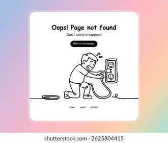 Uma ilustração de desenho de linha simples mostra um homem em estado de frustração tentando conectar um cabo a uma tomada elétrica