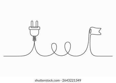 A simple line drawing illustration of an electrical plug connected to a flag, symbolizing connection or power. The continuous line style creates a minimalist and modern aesthetic.
