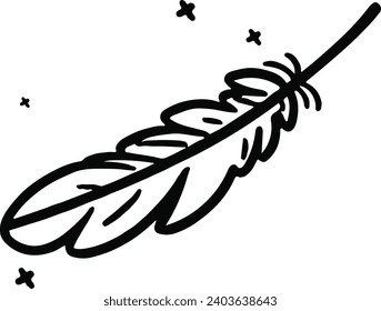 Simple line drawing illustration of a feather, with glitter