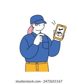 A simple line drawing illustration of a female delivery person wearing work clothes holding a smartphone