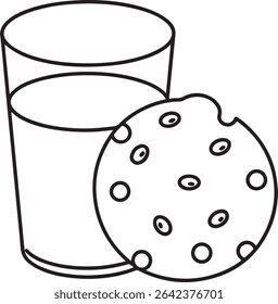 A simple line drawing illustration of a glass of milk and a chocolate chip cookie. Perfect for children's books, menus, or educational materials.