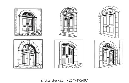 Uma ilustração simples do desenho da linha de uma porta dupla grande