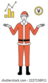 Simple line drawing illustration of a man dressed as Santa Claus guiding an image of DXing,performance and sales improvement.