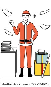 Simple line drawing illustration of a man dressed as Santa Claus who is fed up with his unorganized business.