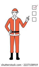 Simple line drawing illustration of a man dressed as Santa Claus pointing to a checklist.