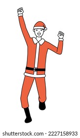 Simple line drawing illustration of a man dressed as Santa Claus smiling and jumping.