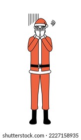 Simple line drawing illustration of a man dressed as Santa Claus covering his face in depression.