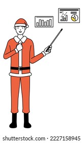 Simple ilustración de un hombre vestido como Santa Claus analizando un gráfico de actuación.