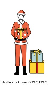 Simple line drawing illustration of a man dressed as Santa Claus holding a cardboard box.