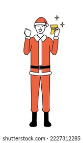 Simple line drawing illustration of a man dressed as Santa Claus who is pleased to see a bankbook.