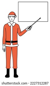 Simple line drawing illustration of a man dressed as Santa Claus pointing at a whiteboard with an indicator stick.