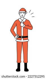 Simple line drawing illustration of a man dressed as Santa Claus tapping his chest.