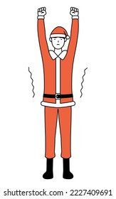 Simple line drawing illustration of a man dressed as Santa Claus stretching and standing tall.