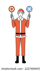 Simple line drawing illustration of a man dressed as Santa Claus holding a stick indicating correct and incorrect answers.