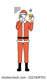 Simple line drawing illustration of a man dressed as Santa Claus looking at his bankbook and feeling depressed.