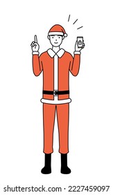 Simple line drawing illustration of a man dressed as Santa Claus taking security measures for his phone.