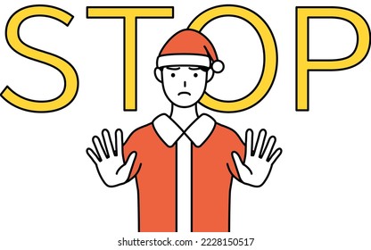 Simple line drawing illustration of a man dressed as Santa Claus with his hand out in front of his body,signaling a stop.