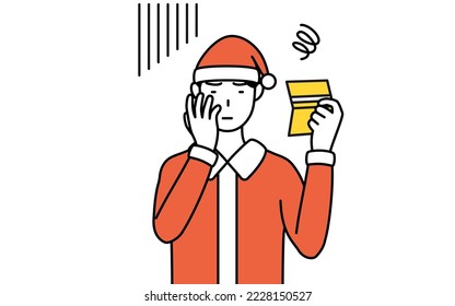 Simple line drawing illustration of a man dressed as Santa Claus looking at his bankbook and feeling depressed.