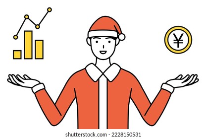 Simple line drawing illustration of a man dressed as Santa Claus guiding an image of DXing,performance and sales improvement.