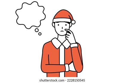 Simple line drawing illustration of a man dressed as Santa Claus thinking while scratching his face.