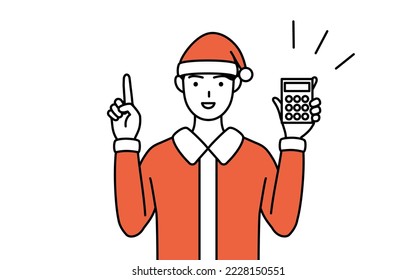 Simple line drawing illustration of a man dressed as Santa Claus holding a calculator and pointing.