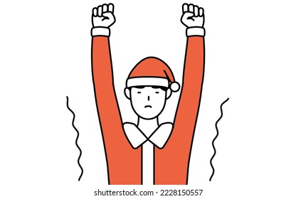 Simple line drawing illustration of a man dressed as Santa Claus stretching and standing tall.