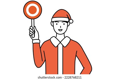 Simple line drawing illustration of a man dressed as Santa Claus with his hands folded in front of his body.