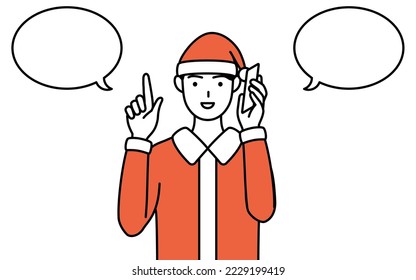 Simple line drawing illustration of a man dressed as Santa Claus pointing while on the phone.