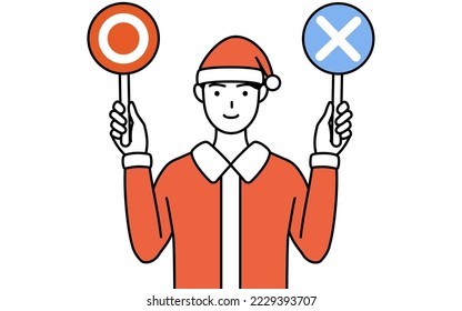 Simple line drawing illustration of a man dressed as Santa Claus holding a stick indicating correct and incorrect answers.