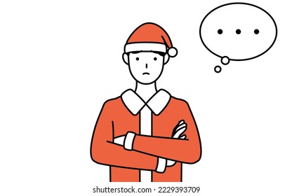 Simple line drawing illustration of a man dressed as Santa Claus,arms crossed,thinking.