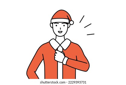 Simple line drawing illustration of a man dressed as Santa Claus tapping his chest.