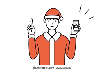 Simple line drawing illustration of a man dressed as Santa Claus taking security measures for his phone.