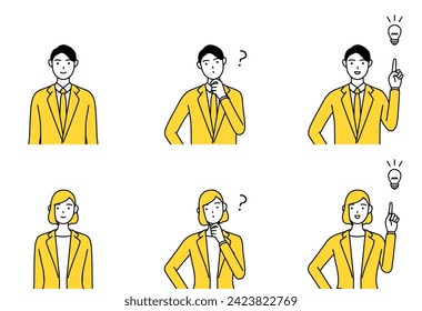 Simple line drawing illustration of man and woman in suit, set of questions and ideas