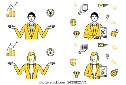 Simple line drawing illustration of a man and a woman in a suit, business improvement set in DX
