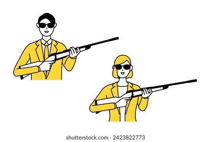 Ilustración de líneas simples de un hombre y una mujer con traje, francotirador con gafas de sol y con un rifle