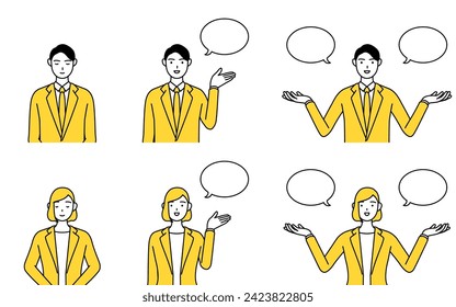 Simple line drawing illustration of a man and woman in suits, bowing, set of instructions and directions (with speech bubbles)