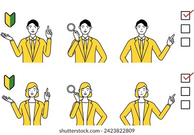 Simple line drawing illustration of a man and a woman in suits, a set of beginner's marks, a checklist, and a magnifying glass