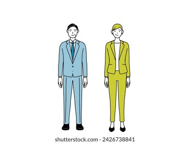 Simple line drawing illustration of a man and a woman (senior, executive, manager) in a suit facing forward