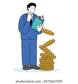 A simple line drawing illustration of a man in a suit studying about money