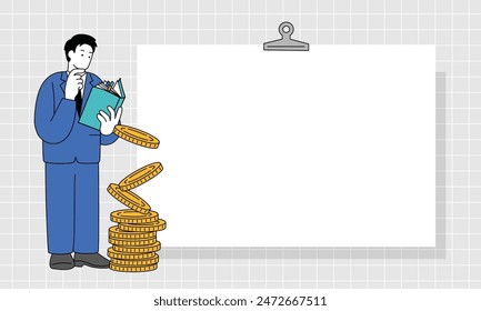 Eine einfache Strichzeichnung, die einen Mann im Anzug darstellt, der sich mit Geld beschäftigt
