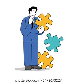 Simple line drawing illustration of a man in a suit holding a puzzle and thinking